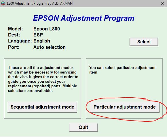 L800 Adjustment program Epson основное окно