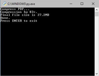 Окно выполнения скрипта Python который сжимает PDF файлы
